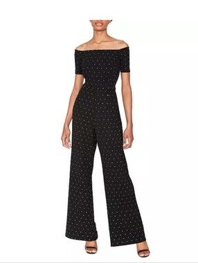 NWT White Tie by Shani Crystal Jumpsuit Black Wide Leg Off Shoulder US 6 $189